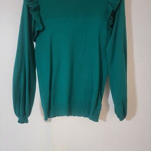 Teal Ribbed Sweater with Ruffle Details